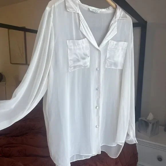 Vintage Dentelle Size Large Pale Pink Silky Satin Chiffon Pajama Set Lingerie - Picture 8 of 14